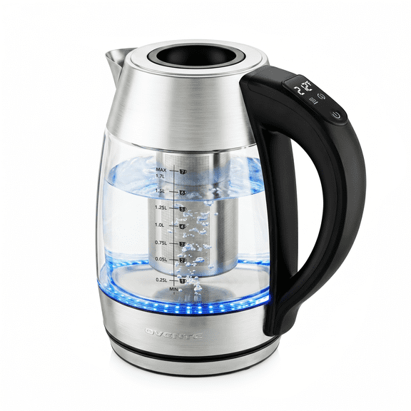 OVENTE Electric Tea Kettle with Temperature Control, Removable Tea Infuser, Easy to Fill Lid, Keep Warm Function, Auto Shut-Off, 1.7L Double Wall Borosilicate Glass, Stainless Steel Base, Silver KD68