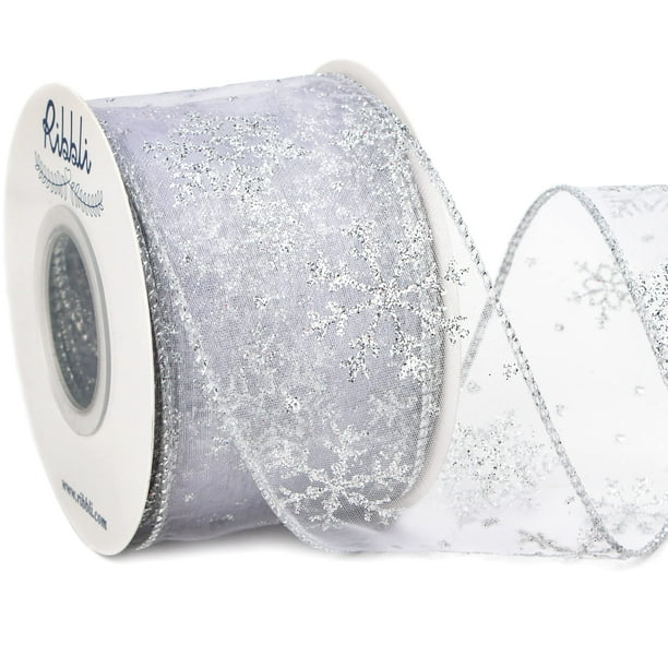 Ribbli Cinta Con Cable Con Purpurina De Copo De Nieve, Cinta Transparente De Organza Blanca Con Patrón De Copo De Nieve Con Purpurina Plateada Y Borde Metálico Plateado, Cinta Navideña De 2-1/2 Pulgad