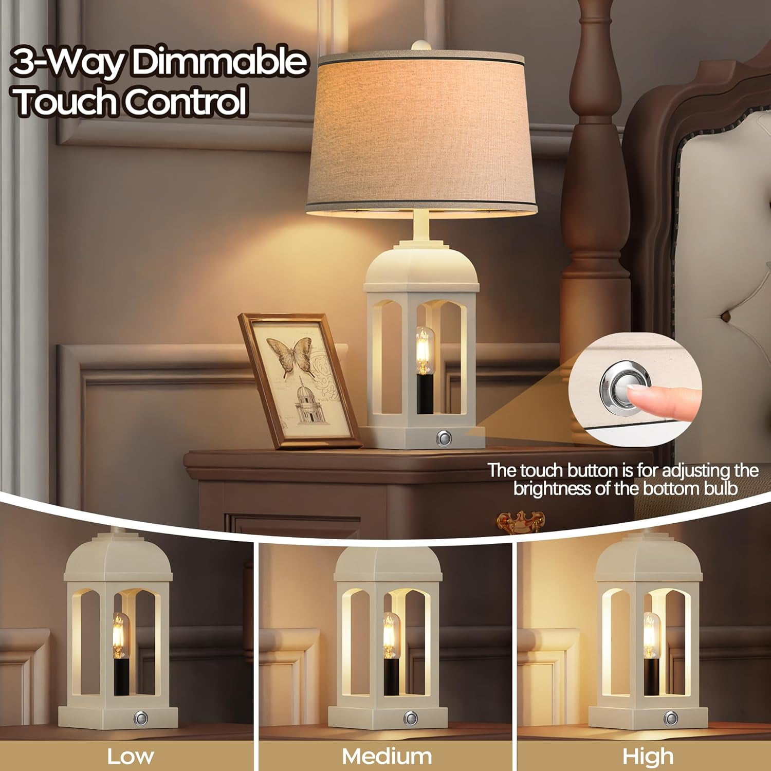 Holaki Table Lamp for Living Room, Farmhouse Lamps Set of 2 with USB A+C and Nightlight, 26" Rustic Bedside Lamps with 3-Way Dimmable, Touch Nightstand Lamp for Bedroom, White
