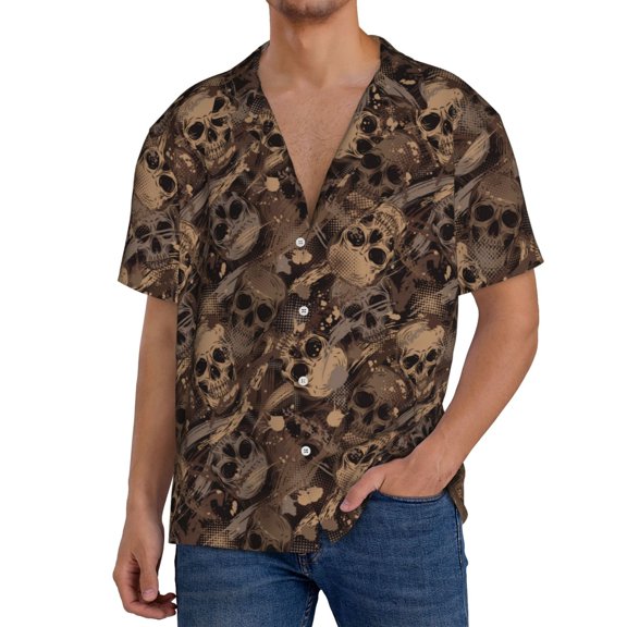Rateoe Brown Camouflage Skull Print Mens Front Pocket Hawaiian Shirts Casual Shirts Short Sleeve Button Down Beach Tropical Shirts-Small