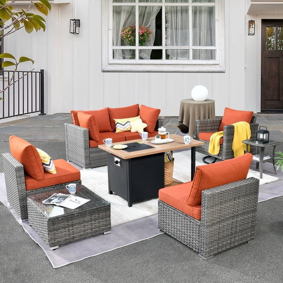 XIZZI Patio Conversation Set Wicker Rattan Patio Furniture Set with Swivel Rocking Chair and Firepit,Orange