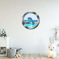 Dolphin Ship Porthole Porpoise Wall Decal Window Sticker Wall Mural Beach Decor - VWAQ-SP30 (20"H X 20"W)