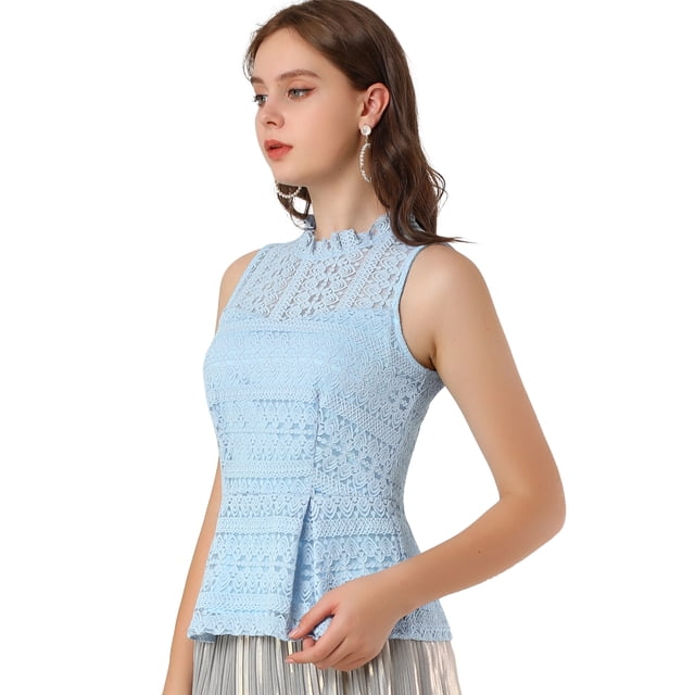INSPIRE CHIC Women's Ruffle Neck Keyhole Back Sleeveless Floral Lace Peplum Top