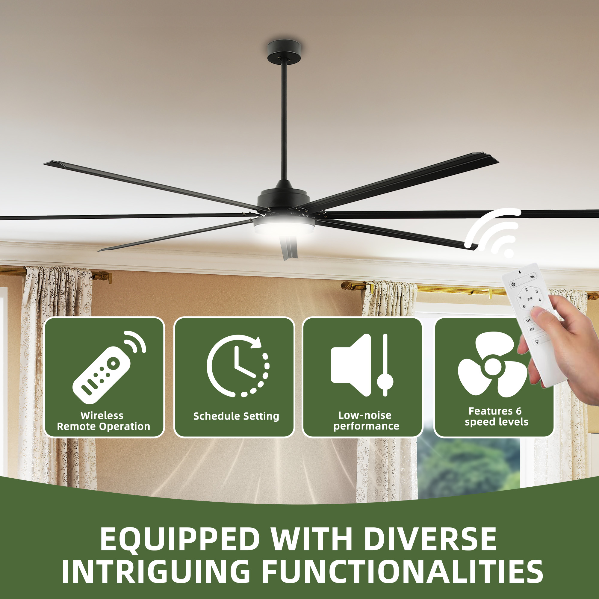 Uforic 96 inch Industrial Ceiling Fan with Lights and Remote Control – Quiet, High Airflow, Durable for Home & Commercial Use - Black