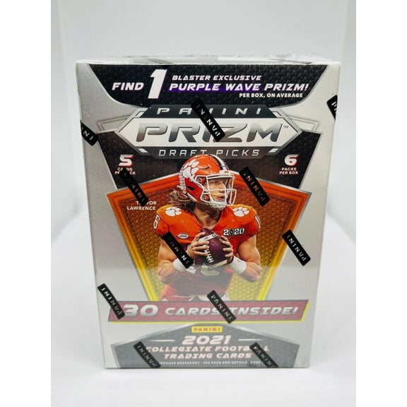 2021 Panini Prizm Draft Picks Collegiate Football Factory Sealed Blaster Box 30 Cards, includes 1 Purple Wave On Average.