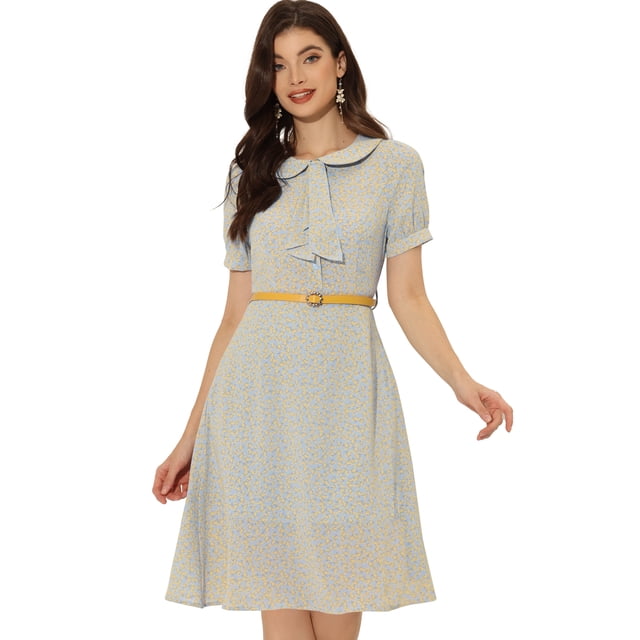Vestido Floral Elegante Allegra K Con Cinturón Y Cuello Peter Pan Para Mujer Azul Claro M