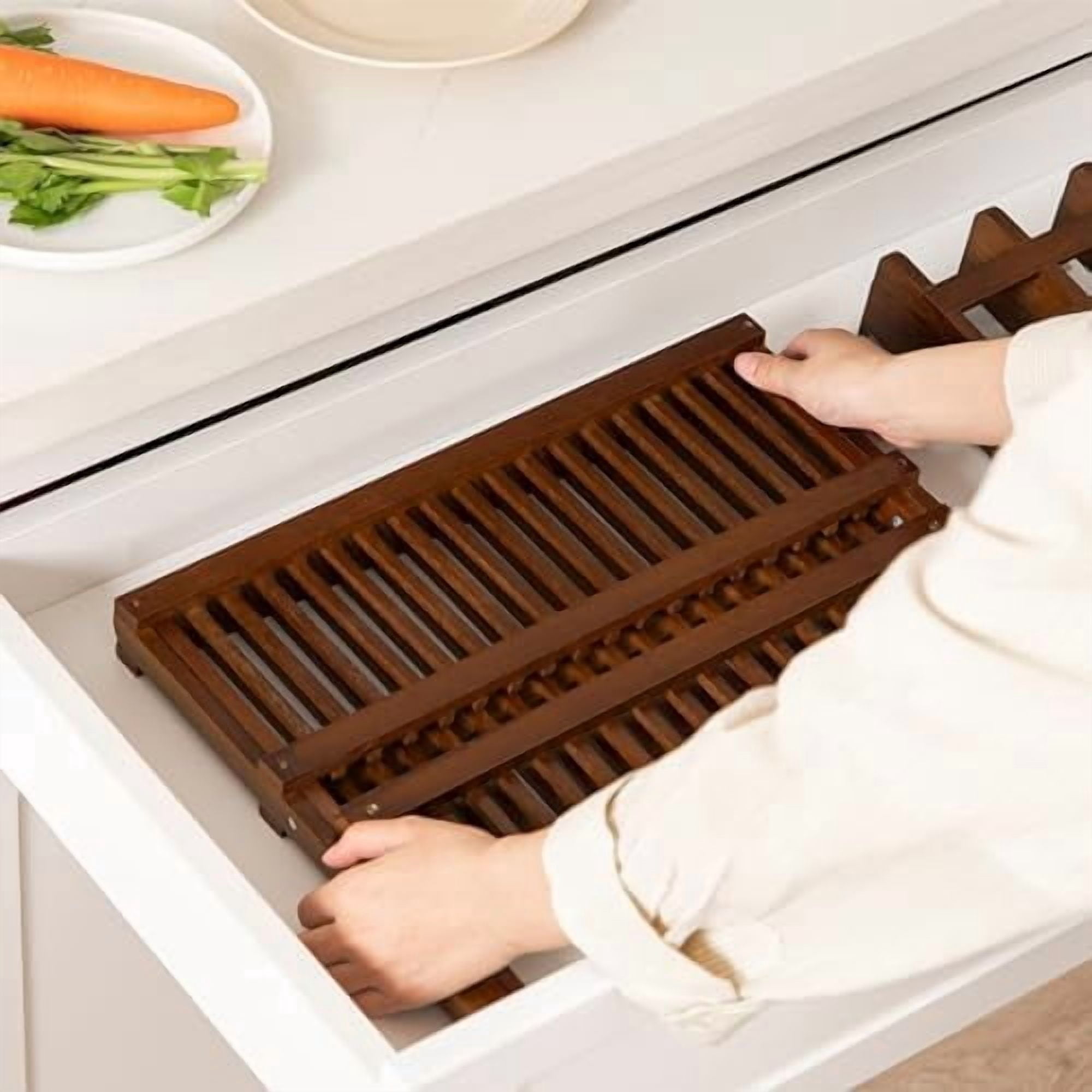 Dish Rack,Teak Folding 2-Tier Collapsible Drainer Dish Drying Rack with Utensils Flatware Holder Set
