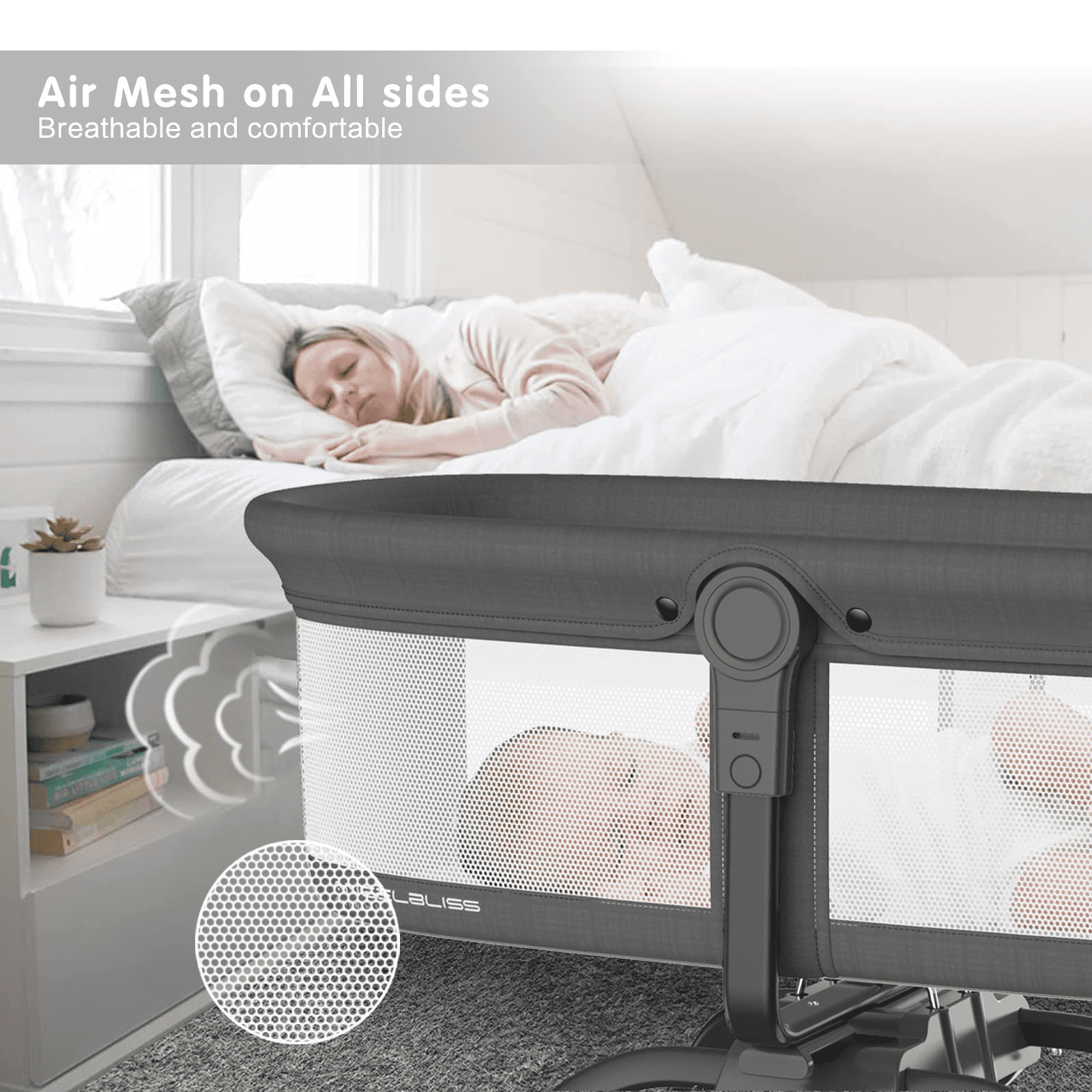ANGELBLISS 3 in 1 Flat Rocking Bassinet & Portable Travel Bedside Crib, Side to Side Manual Rocking Motion Bassinet, Mattress Included (Black)(0-6month)