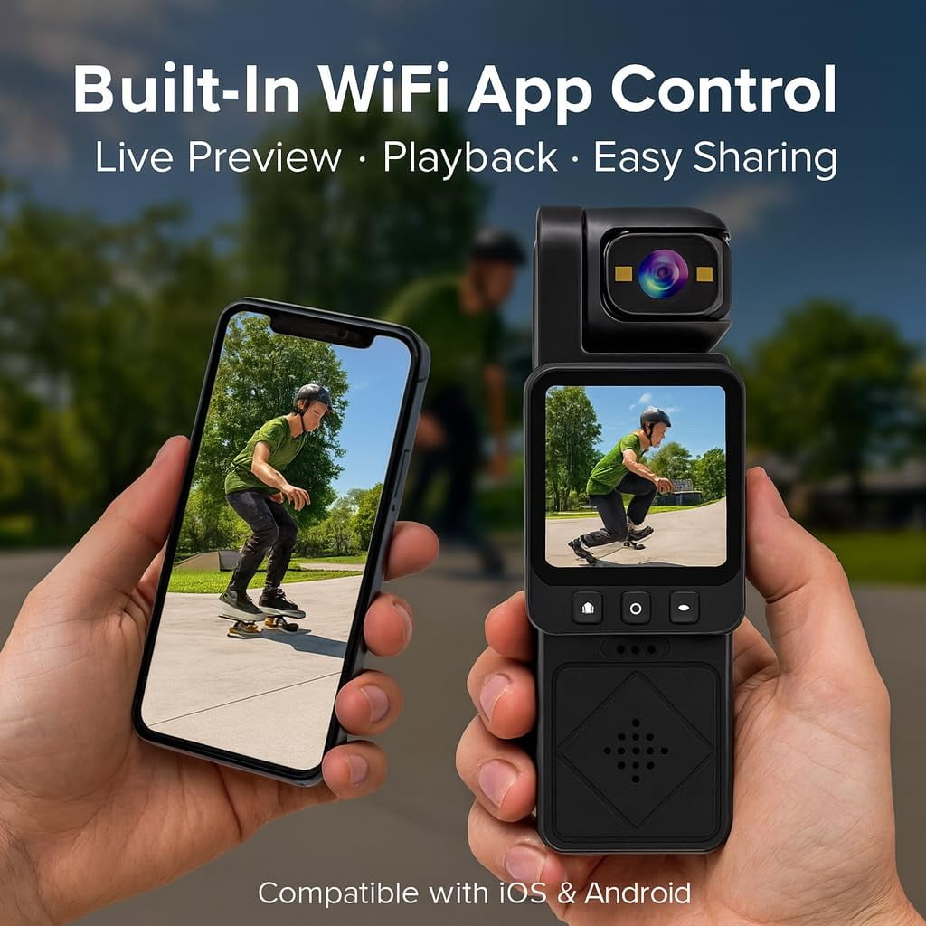 Acuvar 1080P Pocket Vlogging Camera with 3-Axis Gimbal Stabilizer, Handheld Portable Video Camera with WiFi, LCD Screen, Face Tracking, 360° Rotation & 64GB SD Card