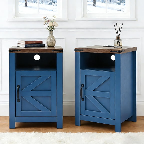 Navy Blue Farmhouse Nightstand Set of 2, Rustic End Table with Barn Door and Shelf, Bedside Table with Charging Station for Living Room, Bedroom