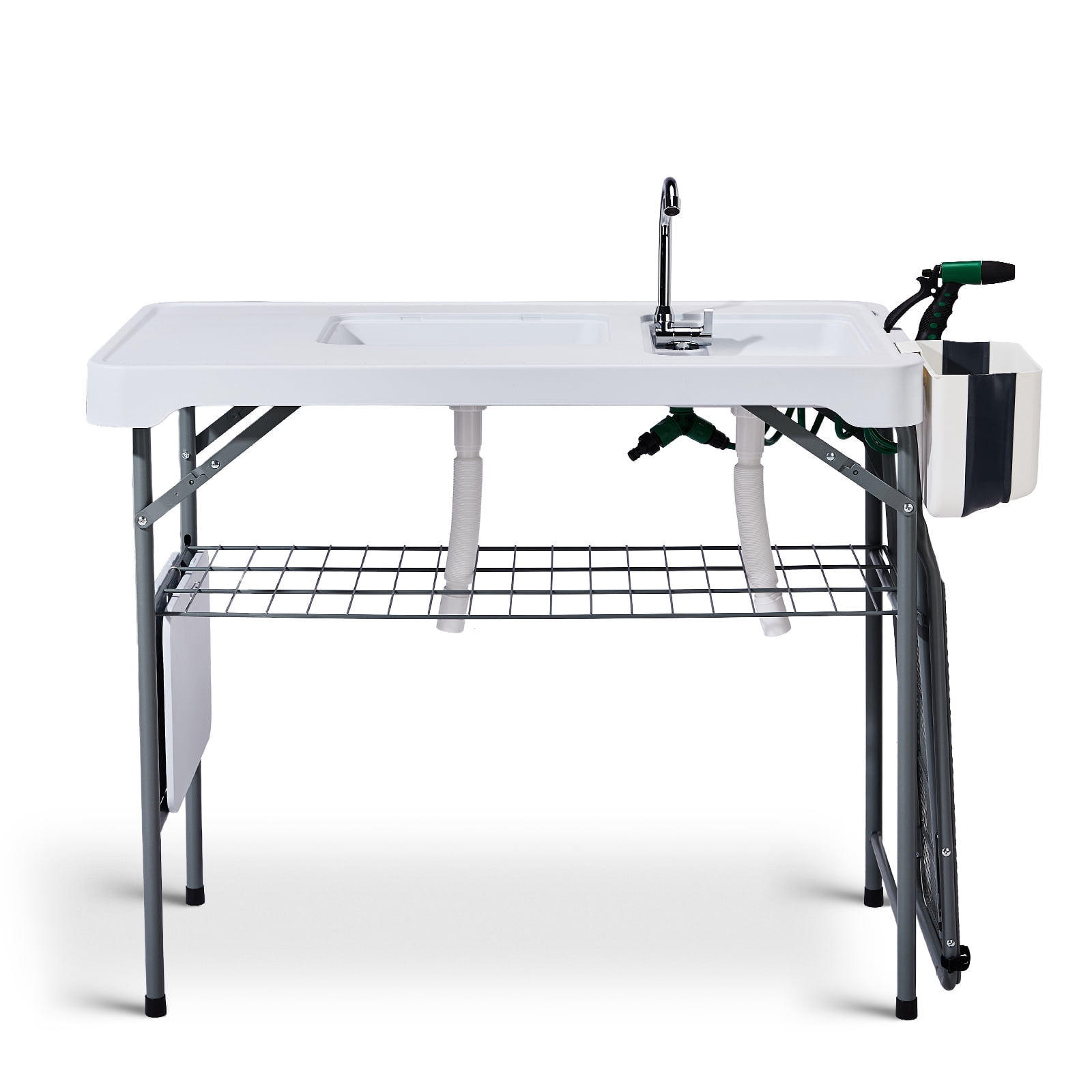 42.5" Fish Cleaning Table with Dual Sink, Portable Folding Camping Table with Foldable Extension Stand, Faucet, Sprayer, Grid Rack & Hose Hook Up, Outdoor Sink Station for Picnic