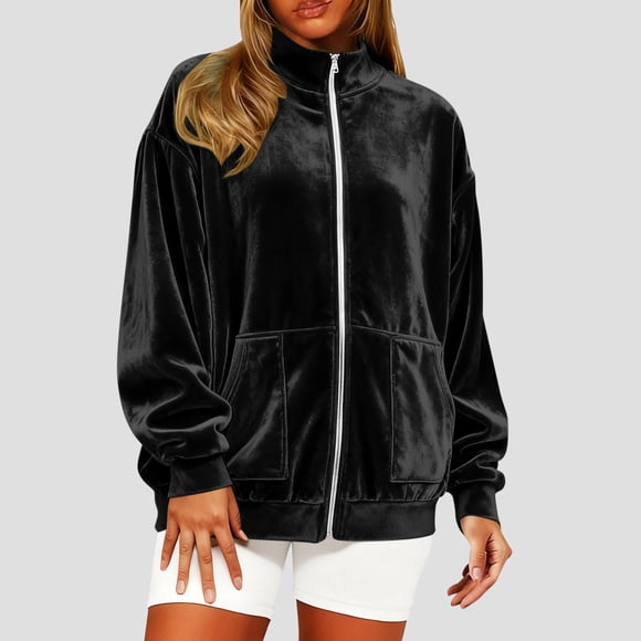 Karight Velvet Hooded Sweatshirt for Women Long Sleeve Full Zipper Outerwear Soft Warm Velour Jacket with Pockets