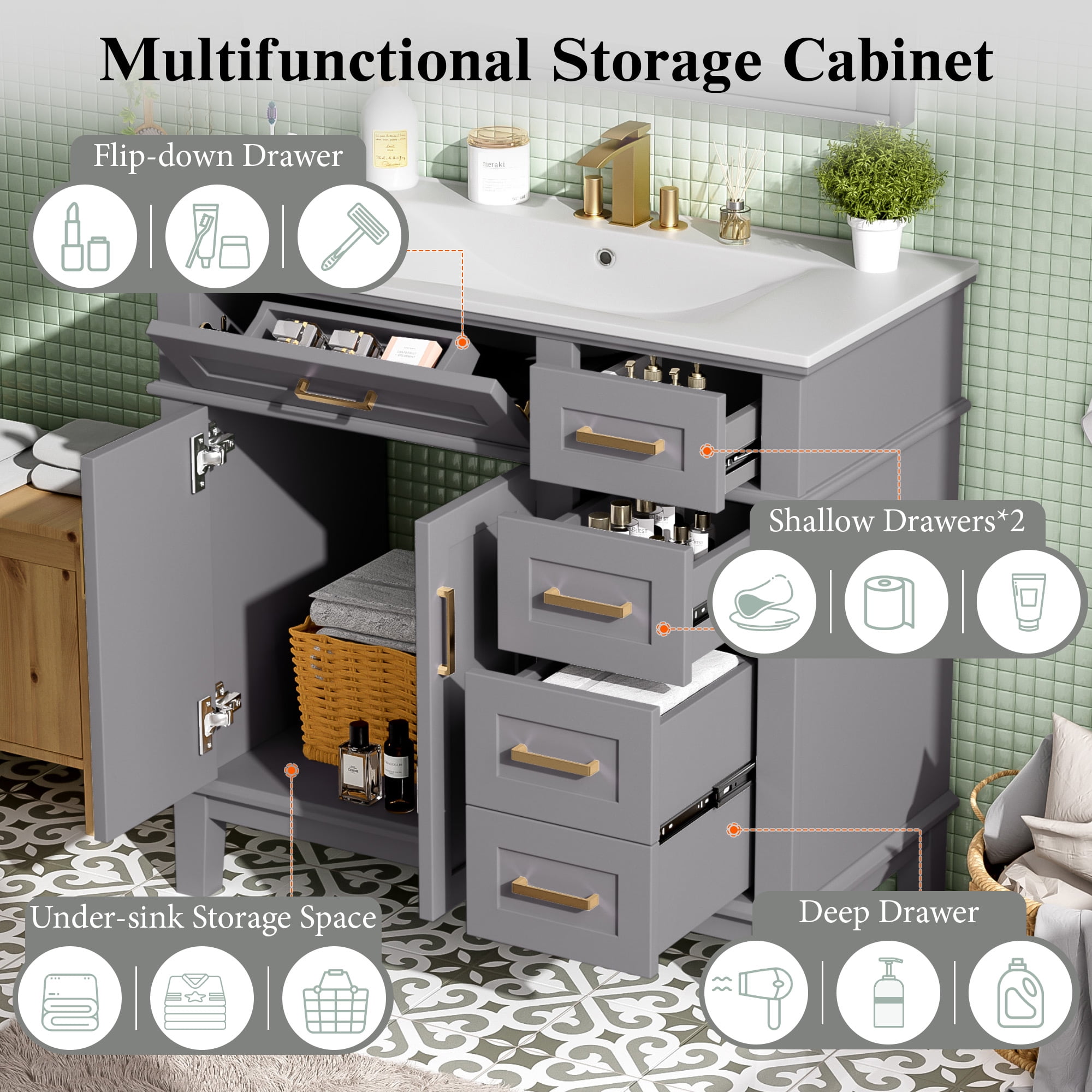 Euroco 36" Bathroom Cabinet with Ceramic Sink, Soft-Close Doors, Golden Handles, Ample Storage, and Overflow Protection