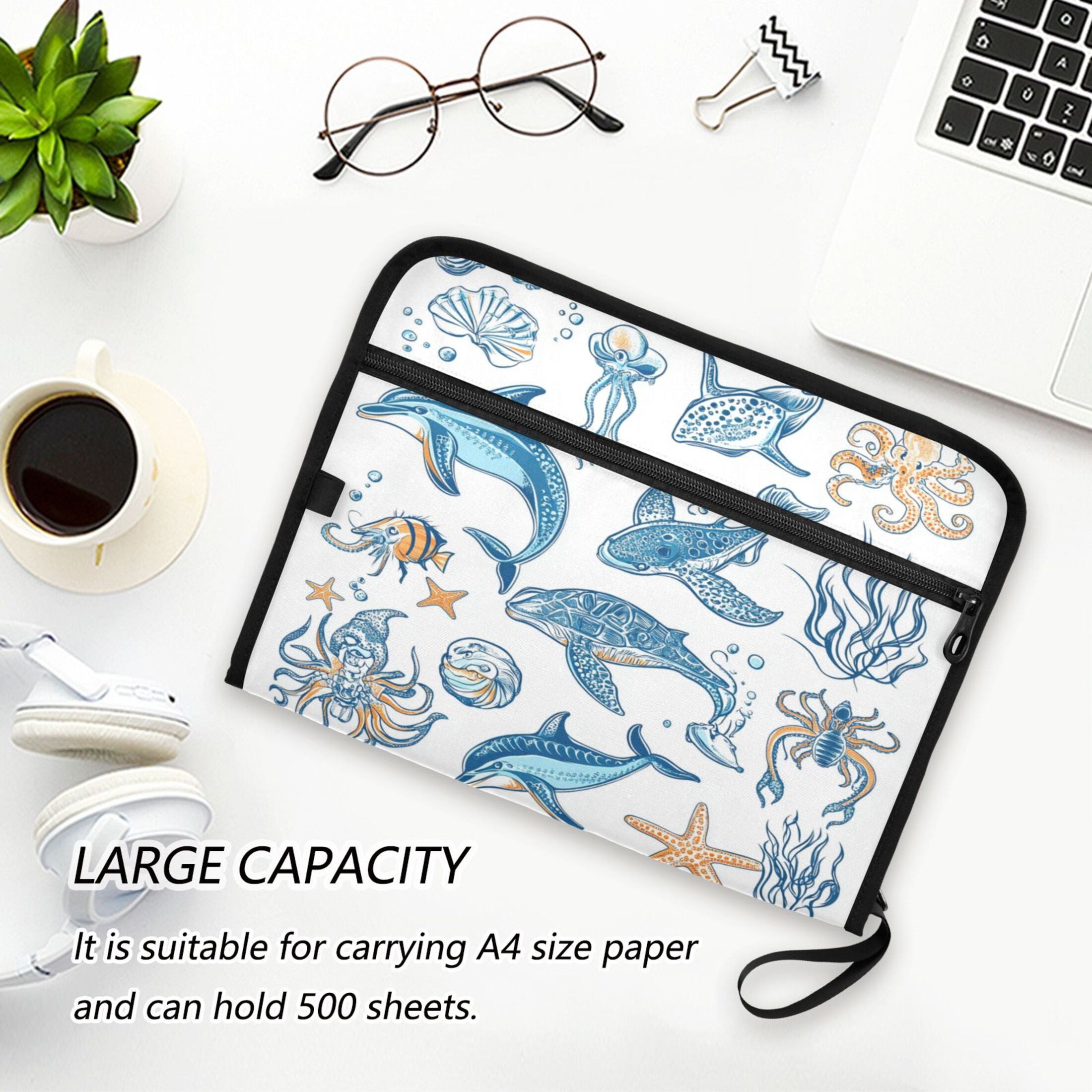 Accordion File Organizer with Zip Closure 13 Pockets Expanding File Folder Letter A4 Paper Document Organizer for Home Office Ocean-themed Pattern