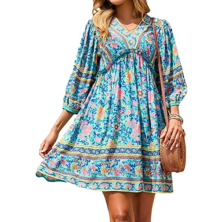 Caitzr Summer Women Bohemian Dress Ethnic Floral Print V-Neck Puff Sleeve  Dress Swing Dress 