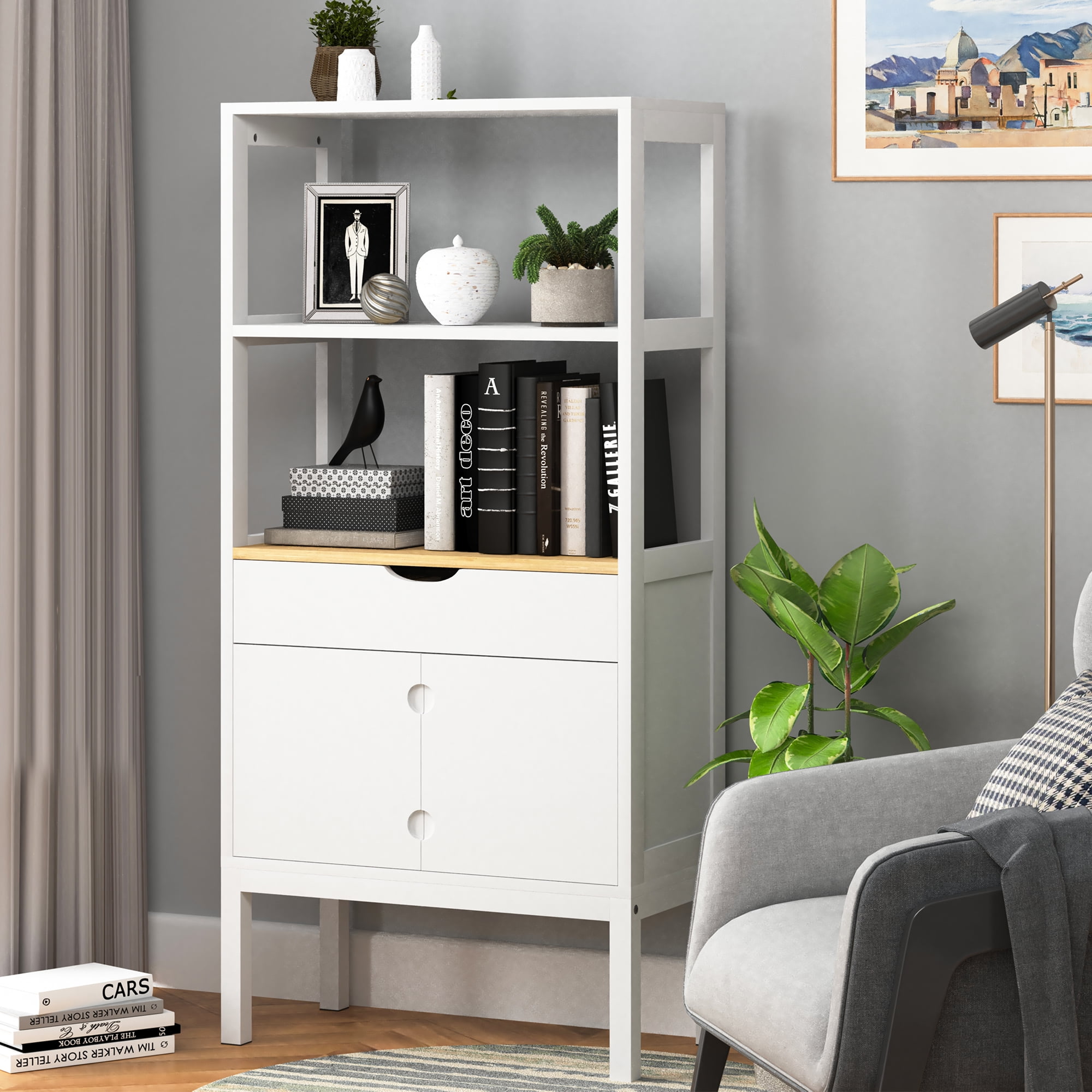 Yardi Yard Kitchen Pantry Cabinet with Drawer and 3 Open Shelves, White Wooden Bathroom Cabinet Yardi Yard Kitchen Pantry Cabinet with Drawer and 3 Open Shelves, White Wooden Bathroom Cabinet