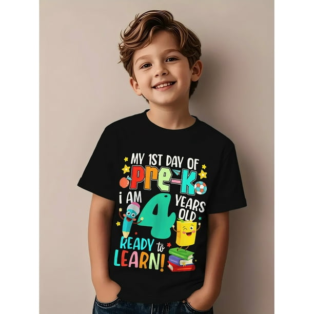 Kindergarten First Day Celebration T-Shirt - 4-Year-Old Boys and Girls' Humorous Cartoon Design, Soft Breathable Fabric, Regular Fit Short Sleeve Casual Top for Outdoor Activities and Back to School