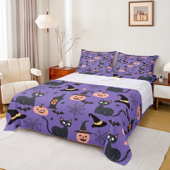 jejeloiu Happy Halloween Twin Sheet Sets,Pimpkin Cats Bats Twin Fitted Sheet,Black Spider Webs Flat Sheet For Girls Boys,Luxury Bedroom Decor,3 Pieces