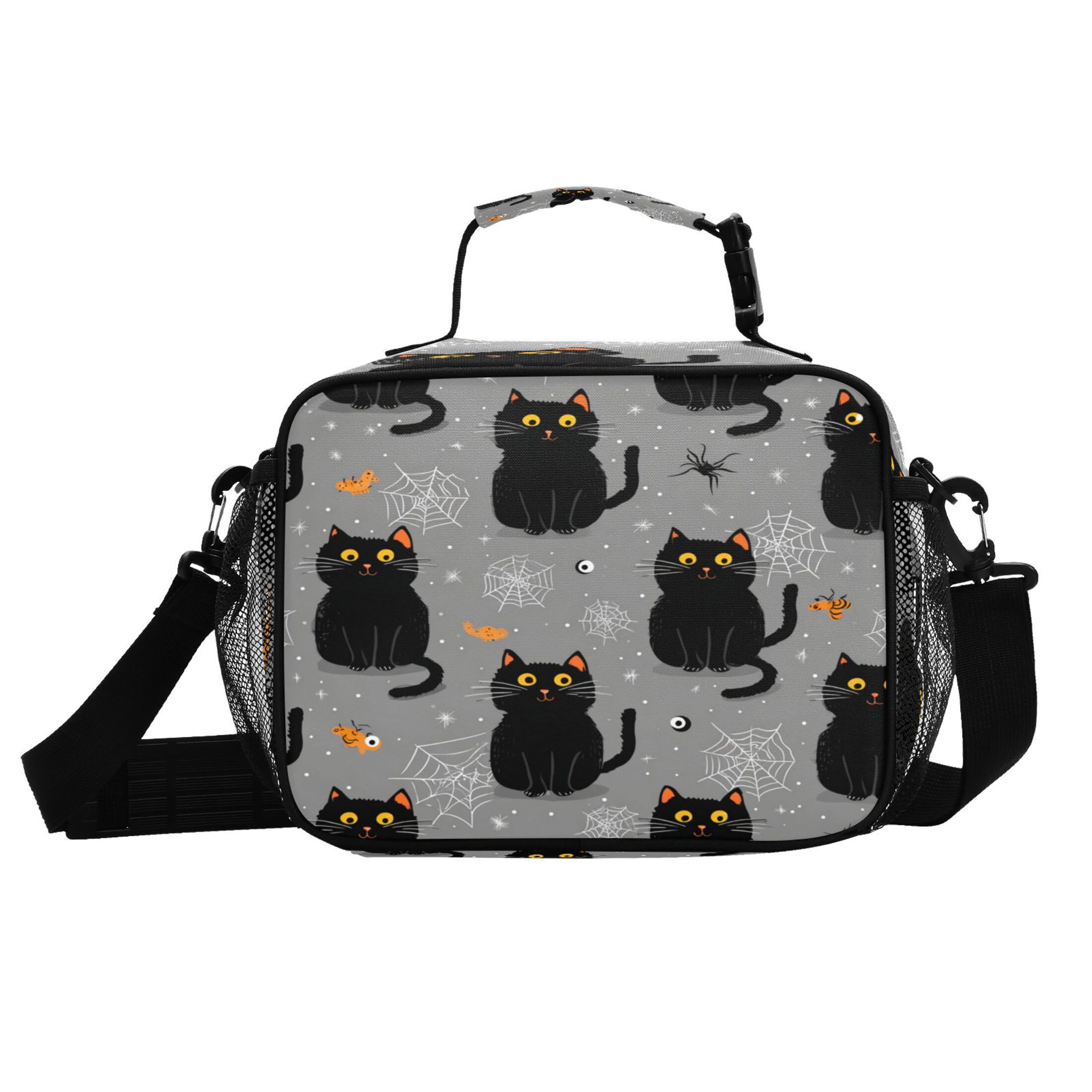 Insulated Lunch Bag 6L Leak-Proof Lunch Box with Shoulder Strap Multiple Pockets Lunch Tote Black Cat and Spider Web