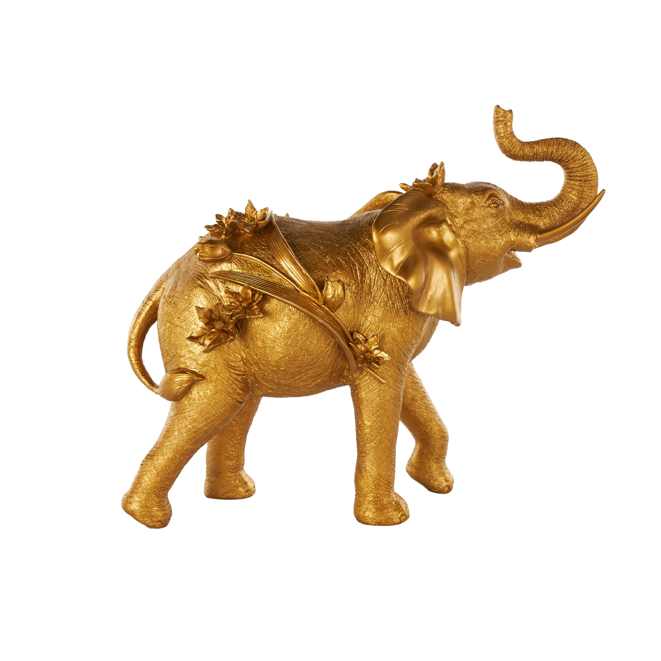 22" x 19" Gold Resin Walking Elephant Sculpture with Floral Accents, by DecMode