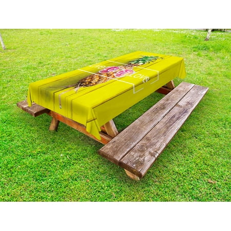 

Live Laugh Love Outdoor Tablecloth Tropical Pineapple Fruit with Sunglasses on Yellow Wood Board Joyful Print Decorative Washable Fabric Picnic Table Cloth 58 X 84 Inches Multicolor by Ambesonne