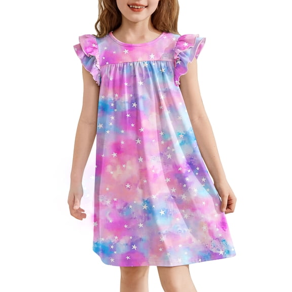 Oudiya Girls Nightgown Ruffle Short Sleeve Princess Pajama Cute Soft Sleepwear for Kids 3-14Y