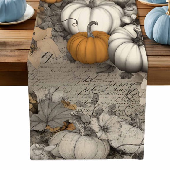 ERUNPONLY White Orange Pumpkins Fall Table Runner - 60 Inch Long Thanksgiving Botanical Cotton and Linen Blended Dress Scarves Farmhouse Table Runner for Kitchen Dining, Coffee Table, 13" x 60"