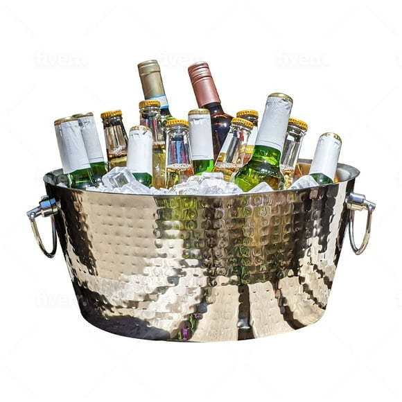 BREKX Hammered Stainless-Steel Beverage Tub, Double-Walled Insulated Anchored Drink Tub & Ice Bucket with Double Hinged Handles, Drink Chiller for Pa