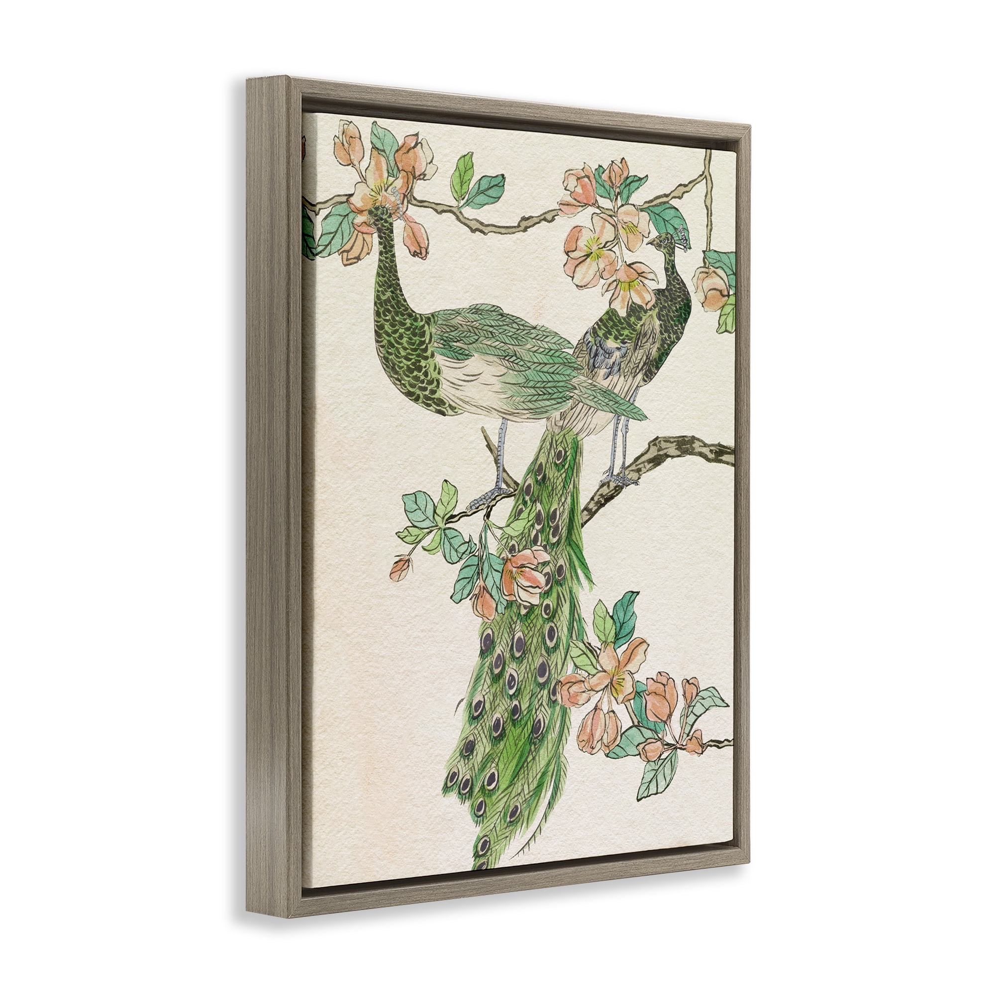 Stupell Industries Peacock & Cherry Blossoms Animals & Insects Painting Brown Floater Framed Canvas Art Print Wall Art, 17 x 21