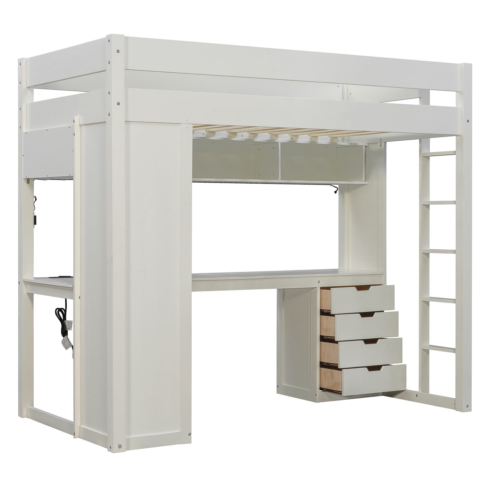 Mintazer Twin Loft Bed with L-Shaped Desk & Smart LED Lights and Charge Station, Modern Loft Bed with 4 Storage Drawers & Shelves, White