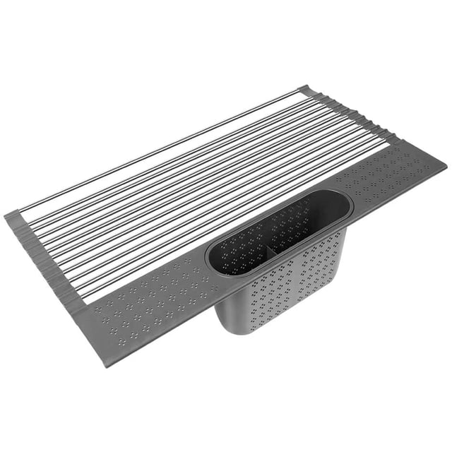 Roll Up Dish Drying Rack Over The Sink: 20 x 11 Large Dish Drying Rack with Utensil Holder Foldable Stainless Steel Dish Drainer for Kitchen Sink (Light Grey)