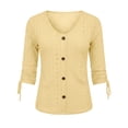 thumbnail image 5 of Fengqque Women Eyelet Hollow Three Quarter Sleeve Top V Neck Buttons Tie Cuff Slim Breathable Blouse Yellow XL, 5 of 5