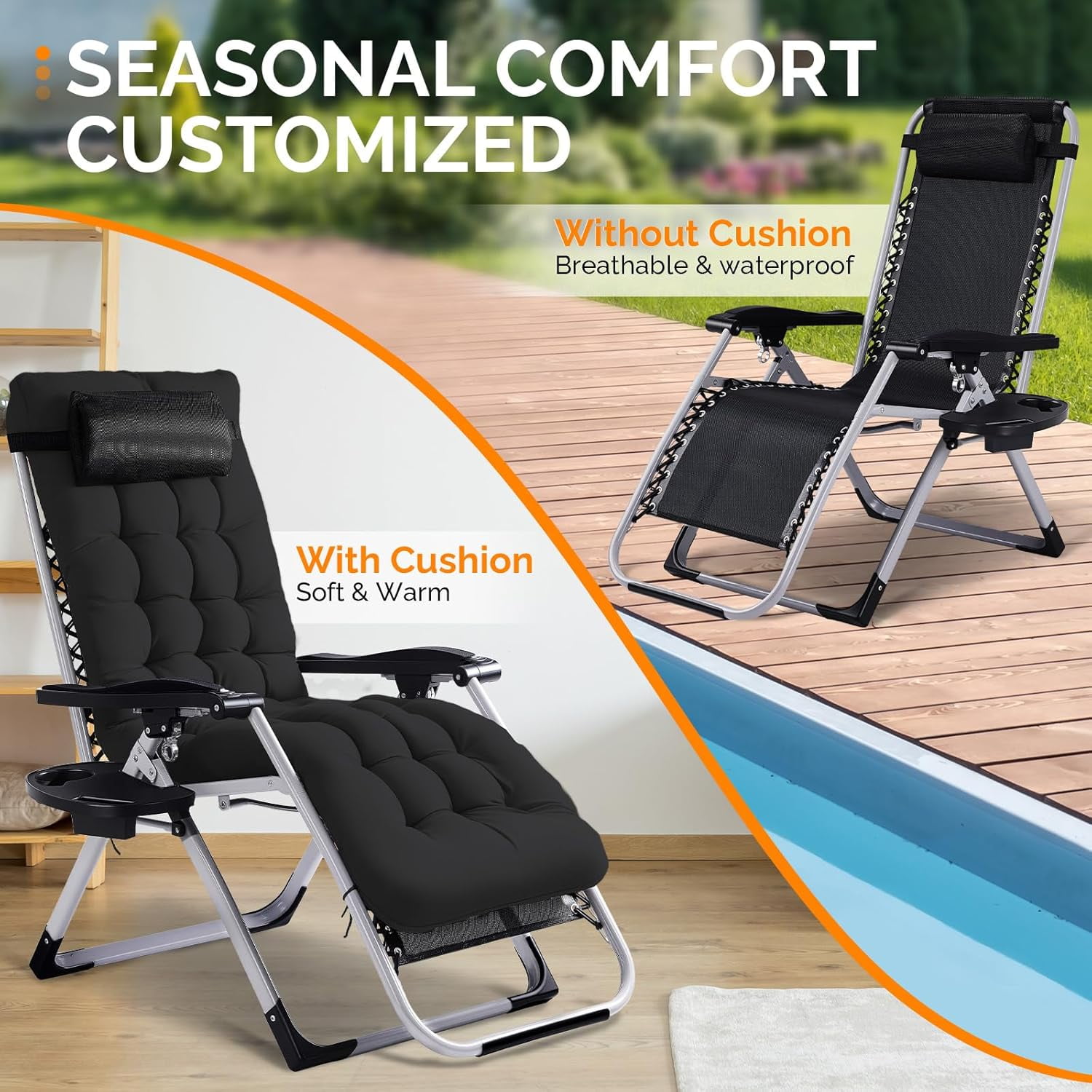 Betcozy Zero Gravity Chairs, Patio Folding Lawn Outdoor Lounge Gravity Camp Reclining Lounge Chair with Cup Holder Pillows for Poolside Backyard and Beach(Black)