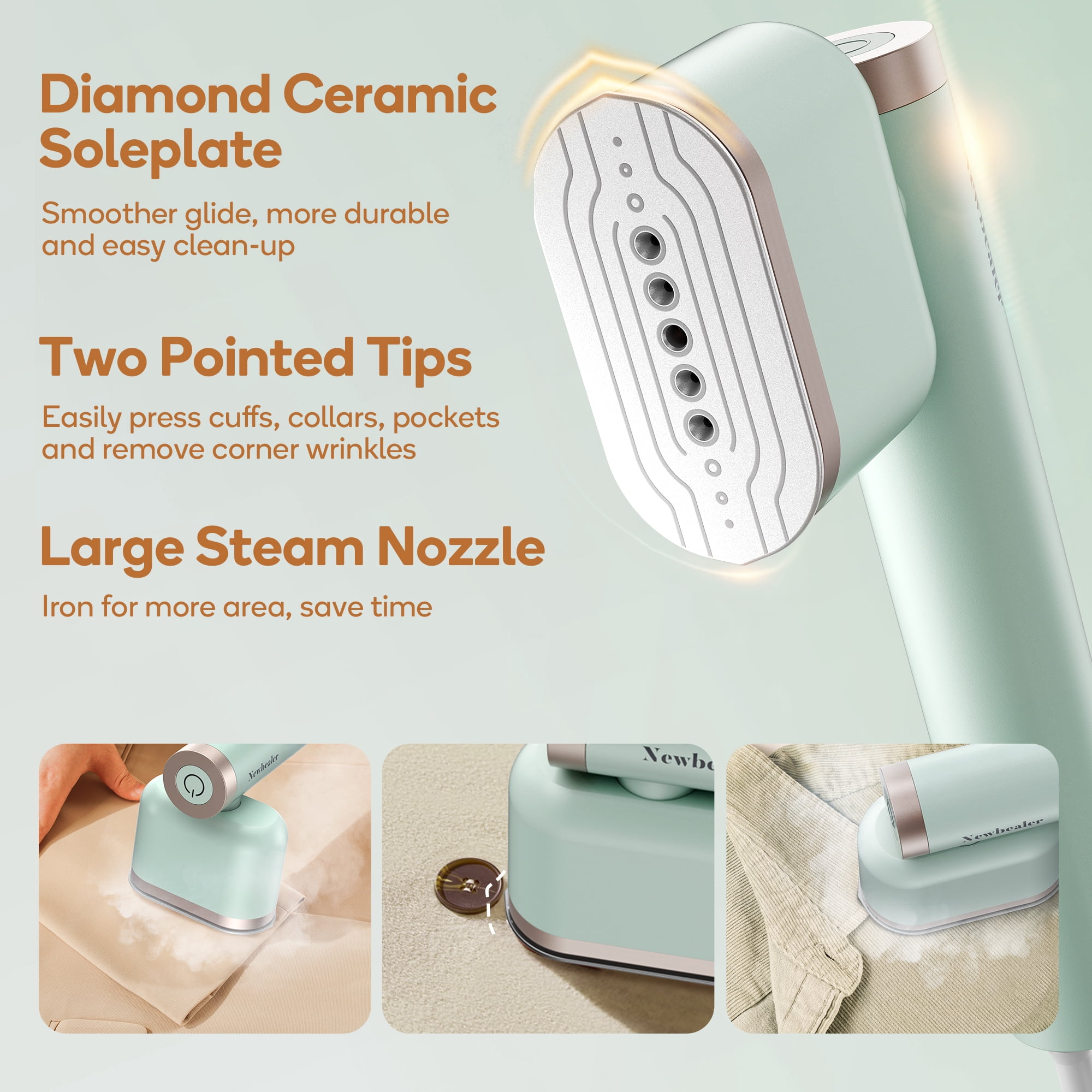 Newbealer Portable Steamer for Clothes, Leak-Proof Handheld Garment Steamer & Iron,15s Fast Heat-up, 120ml Compact Water Tank, Lightweight for Suitcase & Carry-on,Mint Green​