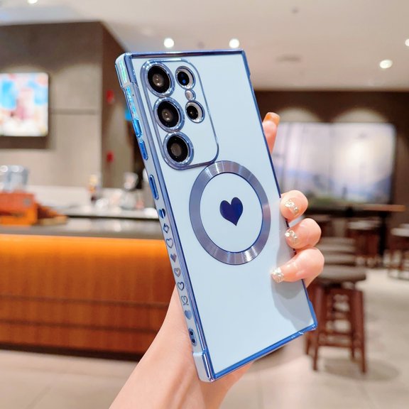 Cute Magnetic For Samsung Galaxy S25 Ultra Plating Love Heart Case with MagSafe Compatible Full Lens Protector Slim Aesthetic Shockproof Protective Soft TPU Phone Case for Girls Women,Blue