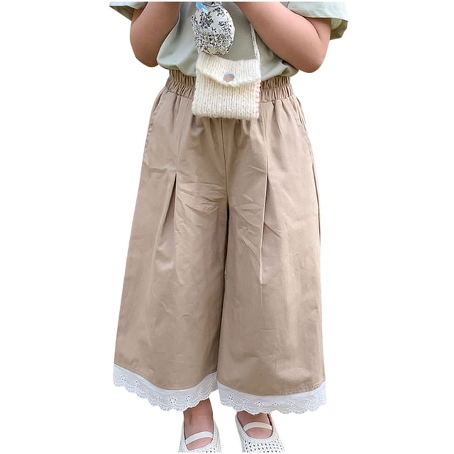 Odeerbi 1-10 Años Niñas Pantalones Pata Ancha Encaje Recorte Recortado Pantalones Verano Color Sólido Lindo Pantalones