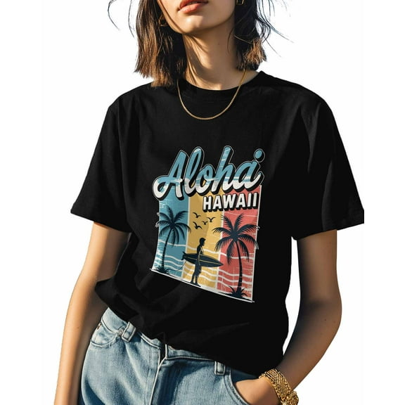 Summer Palm Tree Womens Tshirt Graphic Tees Cotton Crew Neck T-Shirts, Casual Short Sleeve Shirts for Women Teen Girl Beach Surfboard