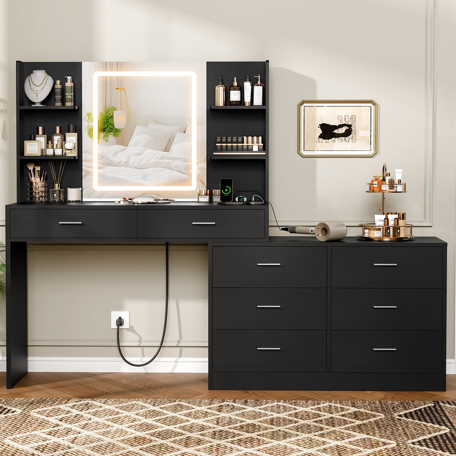 39.4”Makeup Vanity Set with LED Light Mirror & Power Outlet, 8 Drawers, 3 Color Modes & Adjustable Brightness, Corner Vanity, L Shape Change, Black