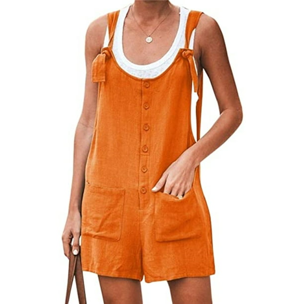 Women Summer Loose Button Pocket Jumpsuit Spaghetti Strap Short Pant Rompers  Bib Pants Overalls Plua Size 