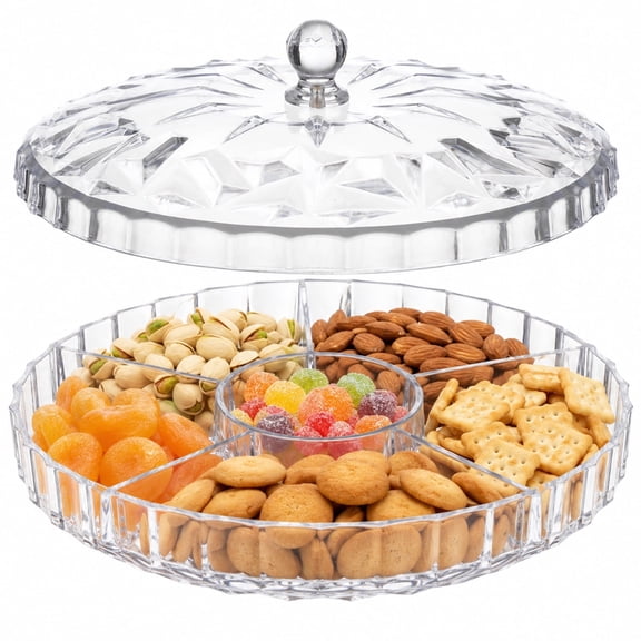 Snack Serving Tray with Lid – 11.8" x 5.1" Appetizer Tray, 6 Compartments Round Plastic Food Storage Organizer with Handle, Crystal Clear Divided Plate for Dried Fruit, Nuts, Candy & Parties