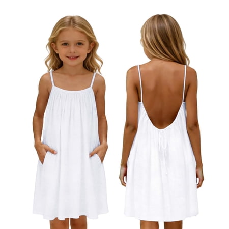 WERYOUNG Girl s Dresses Solid Color Sleeveless Scoop Neck Backless Spaghetti Strap Dress With Pockets Dinner Party Versatile Soft Sundress