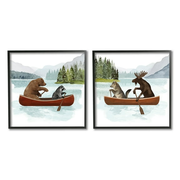 Stupell Industries Woodland Animals on Canoes Animals & Insects Painting Black Framed Art Print Wall Art, 12 x 12, Set of 2