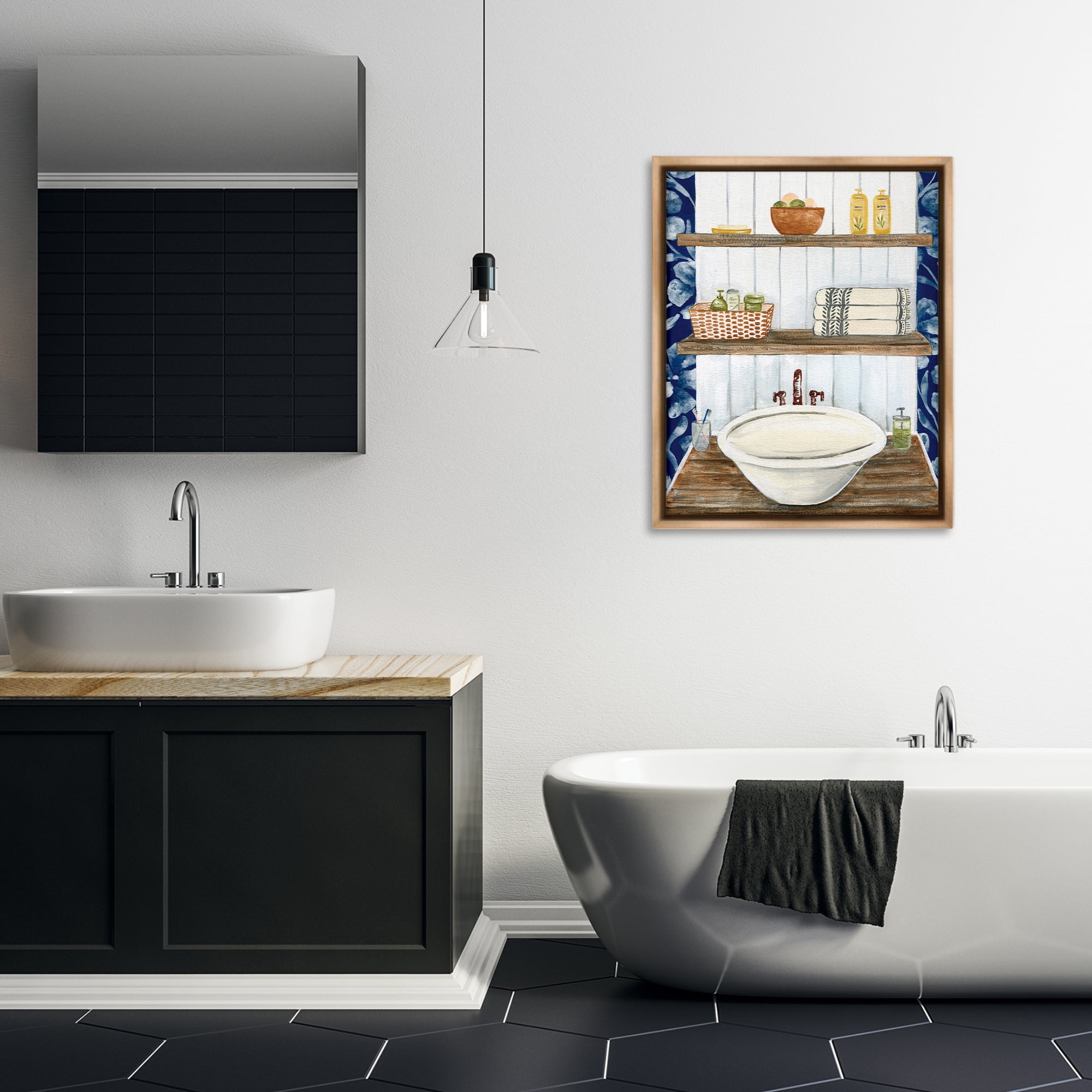 Stupell Industries Bold Blue Bathroom Typography Painting Brown Floater Framed Canvas Art Print Wall Art, 25 x 31