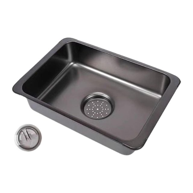 fregadero de mesa para camping fregadero de acero inoxidable de un solo cubo, color negro, vista cenital frontal de un fregadero rectangular profundo con borde plano y superficie metálica mate; desagüe central con tapa perforada y tapón a prueba de fugas separado, 36 x 25 cm; también suele usarse como lavabo portátil para lavar utensilios en barbacoas y caravanas.