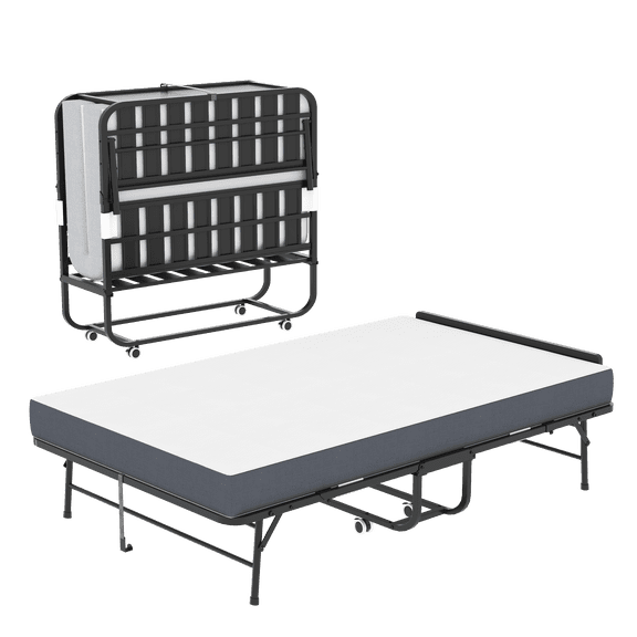 LiviNest 75 Inch Folding Bed with Memory Foam Mattress: Extra Long Rollaway Bed for Tall People - Heavy Duty Metal Frame & Adjustable Headboard Guest Bed on Wheels Space Saving Design