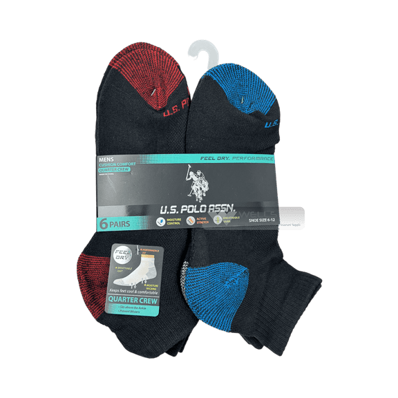 US Polo Assn. Quarter Crew Black Socks, Cushion Comfort, Moisture Wicking, Breathable Knit, 6 Pack