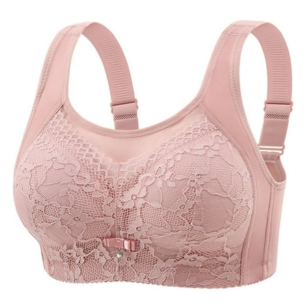 REORIAFEE Underwear Bra for Women Front Closure Gathered Together Wireless Bras Lace embroidery Adjustable Straps Brassiere Comfy Spaghetti Straps Breathable Corset Underwear Lingerie Pink 46/105