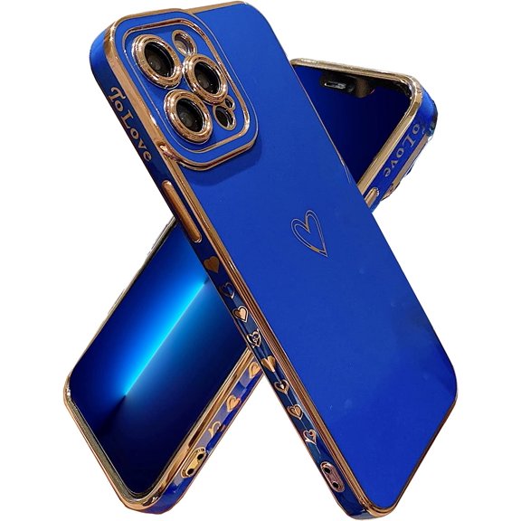 ZSYTZL Compatible with iPhone 13 Pro Max Case,with Cute Small Love Pattern Heart Luxury Plating Full Camera Protection Bumper Soft Shockproof Case for iPhone 13 Pro Max 6.7 inch (Blue) iPhone 13 Pro Max 6.7 inch-Blue