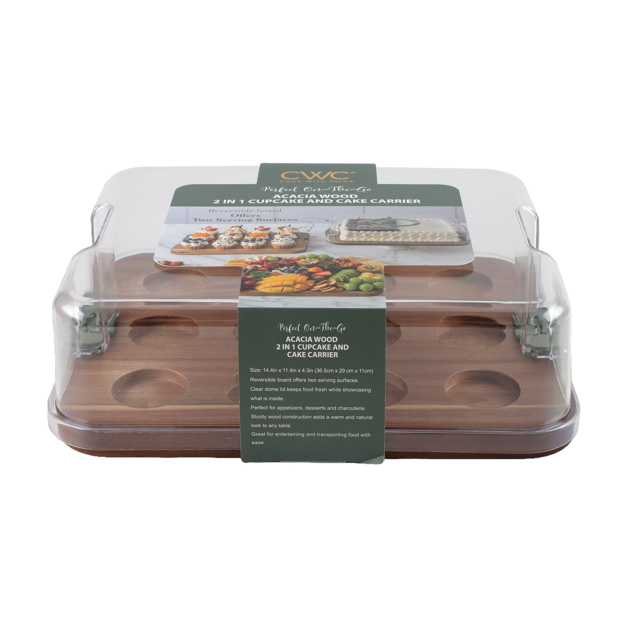 Cook with Color Acacia Wood Cake and Cupcake Carrier with Reversible Tray and Locking Lid, Rectangular, Ideal Use for Entertaining and Party Transportation