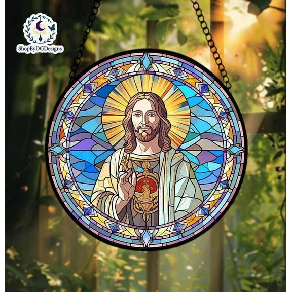 Sacred Heart Jesus Stained Glass Suncatcher, Christian Window Hanging, Catholic Gift, Religious Home Decor, Faith Ornament for Prayer Room 4296977423